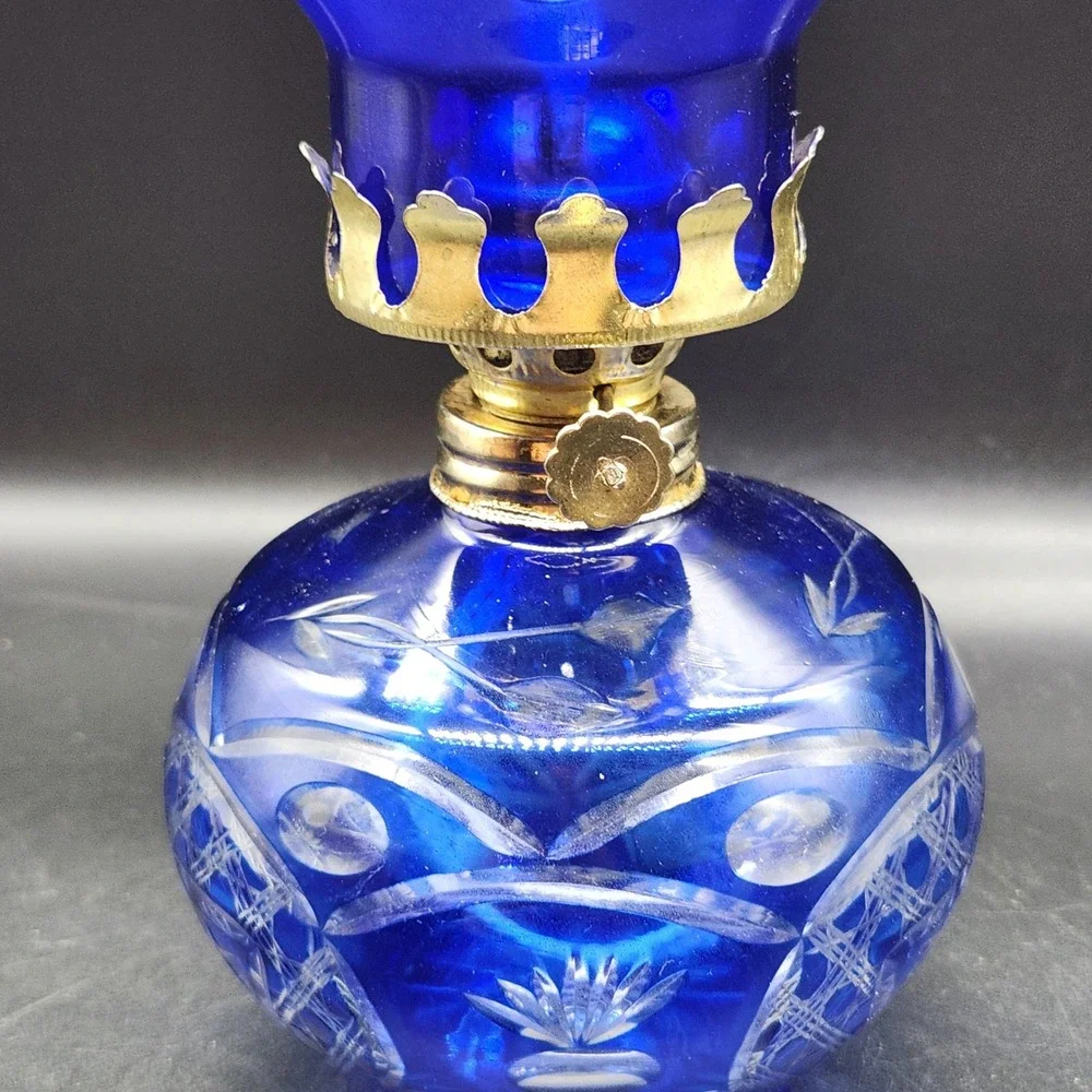 Vintage Cobalt Blue Cut to Clear Glass Oil Lamp Hurricane Chimney 13